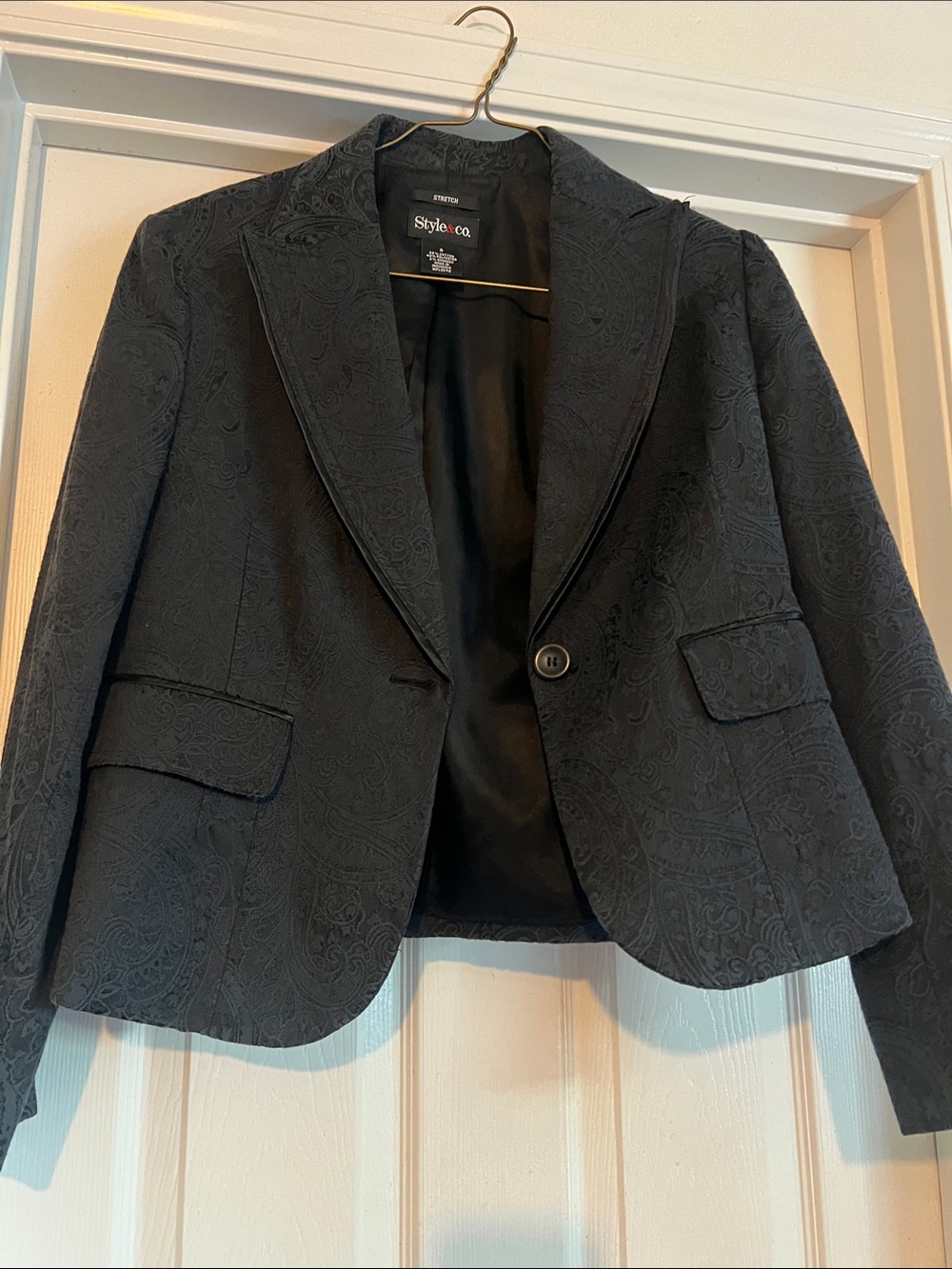 Style & Co. Black Jacquard Paisley Single-Button Blazer